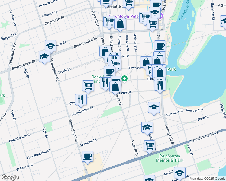 map of restaurants, bars, coffee shops, grocery stores, and more near 53 Park Street North in Peterborough