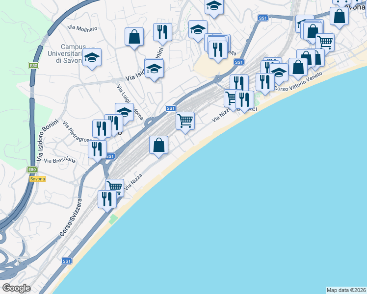 map of restaurants, bars, coffee shops, grocery stores, and more near 25 Via Nizza in Savona