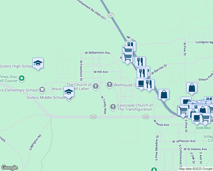 map of restaurants, bars, coffee shops, grocery stores, and more near 1255 McKinney Butte Road in Sisters
