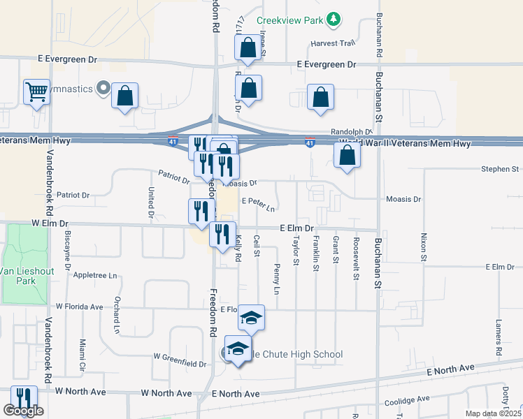 map of restaurants, bars, coffee shops, grocery stores, and more near 520 East Peter Lane in Little Chute