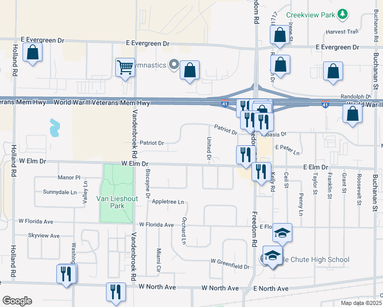 map of restaurants, bars, coffee shops, grocery stores, and more near 409 Patriot Drive in Little Chute
