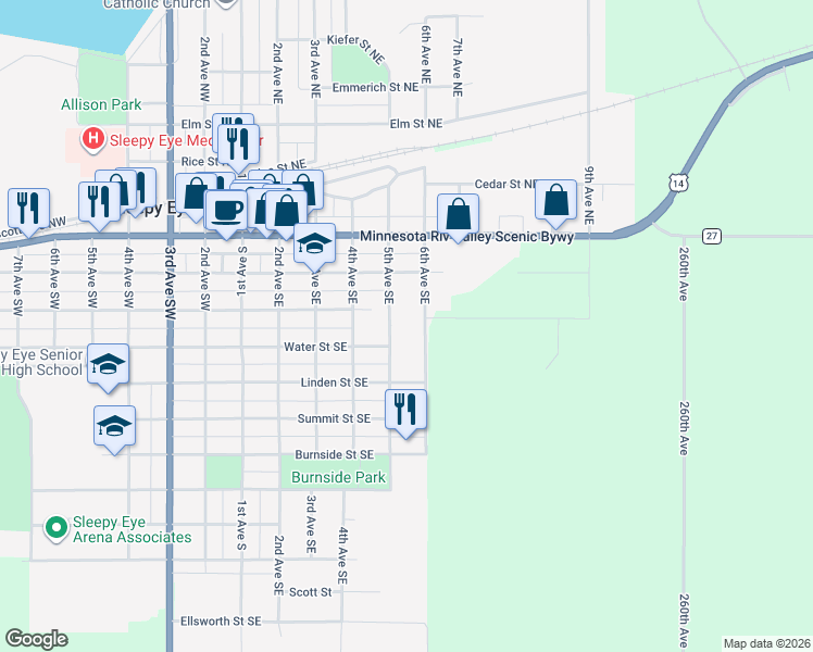 map of restaurants, bars, coffee shops, grocery stores, and more near 301 5th Avenue Northeast in Sleepy Eye