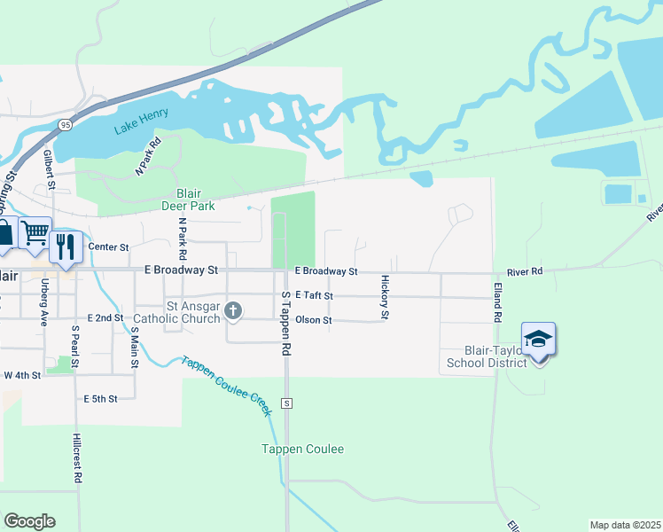 map of restaurants, bars, coffee shops, grocery stores, and more near 836 East Broadway Street in Blair