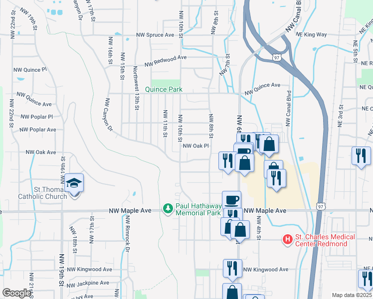 map of restaurants, bars, coffee shops, grocery stores, and more near 2035 Northwest 10th Street in Redmond