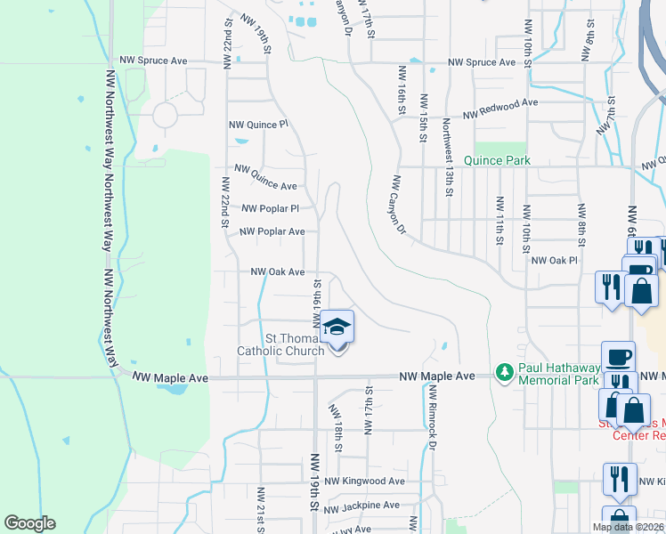 map of restaurants, bars, coffee shops, grocery stores, and more near 1825 Northwest Cliffside Way in Redmond