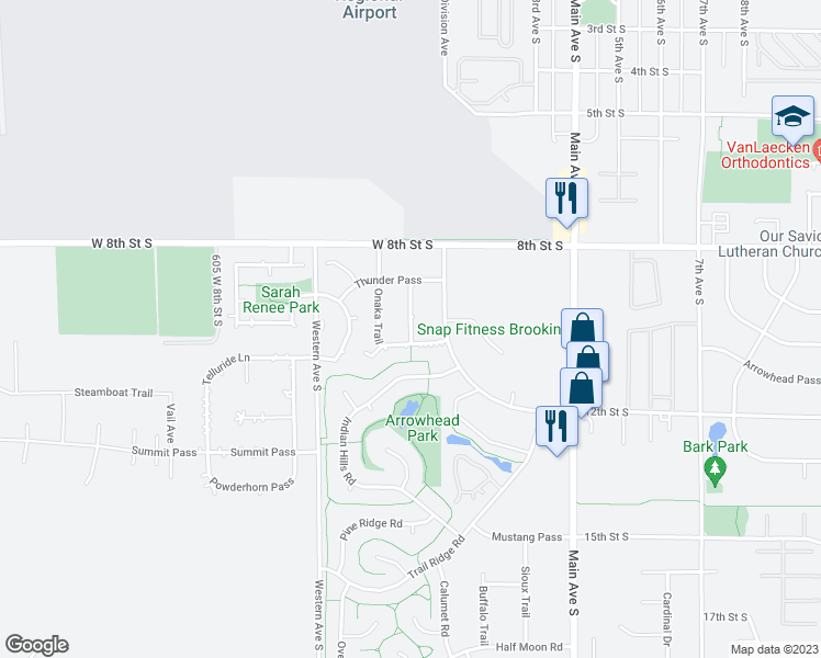 map of restaurants, bars, coffee shops, grocery stores, and more near 1024 Deer Lane in Brookings