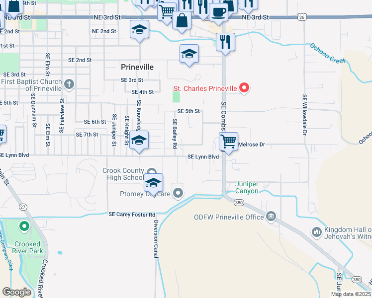 map of restaurants, bars, coffee shops, grocery stores, and more near 1404 Southeast Kramer Lane in Prineville