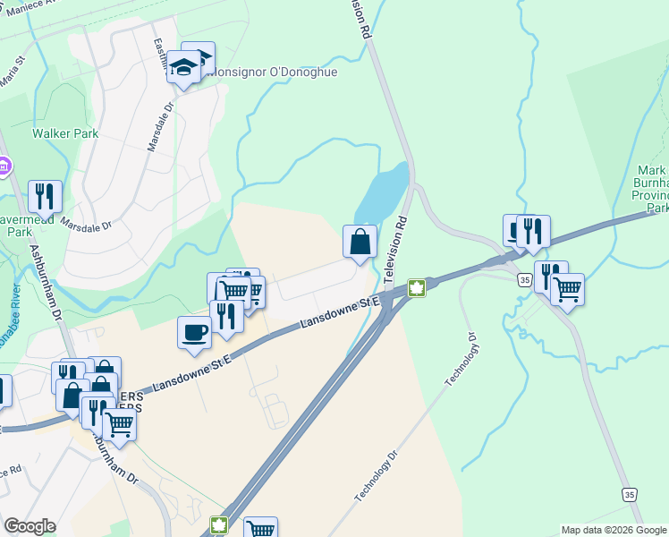 map of restaurants, bars, coffee shops, grocery stores, and more near 541 Laurie Avenue in Peterborough