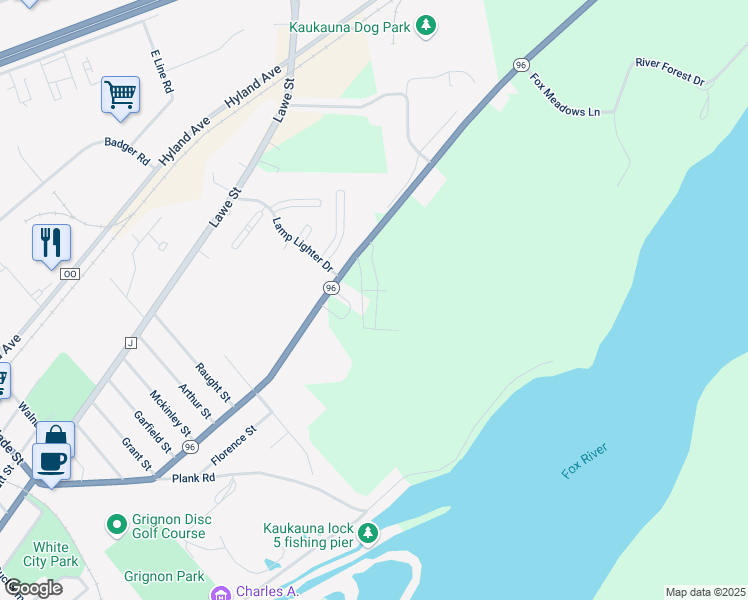 map of restaurants, bars, coffee shops, grocery stores, and more near 2101 Green Bay Road in Kaukauna