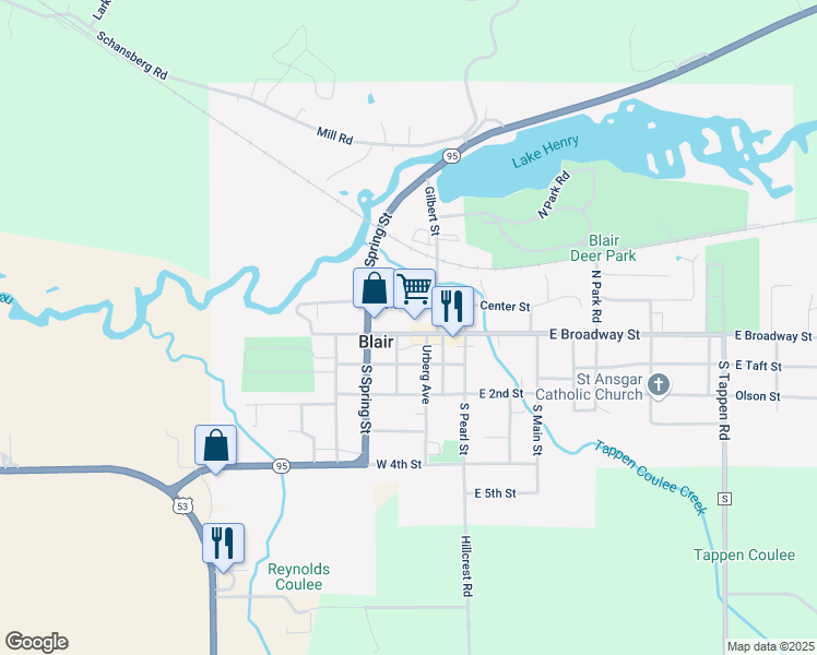 map of restaurants, bars, coffee shops, grocery stores, and more near in Blair