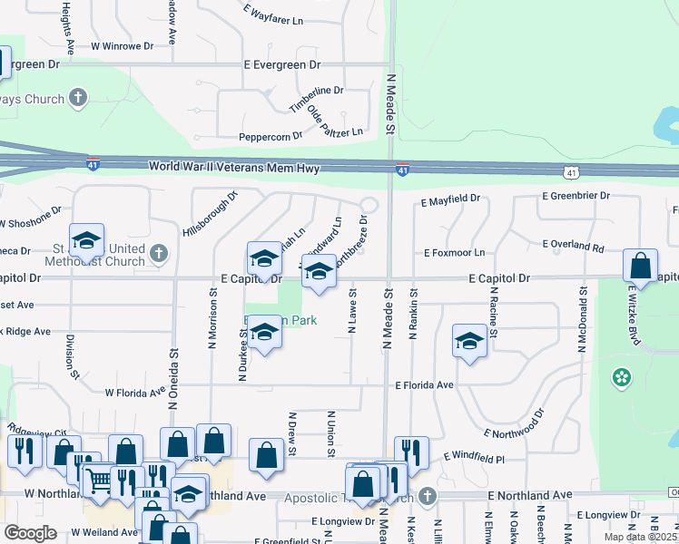map of restaurants, bars, coffee shops, grocery stores, and more near 616 East Capitol Drive in Appleton