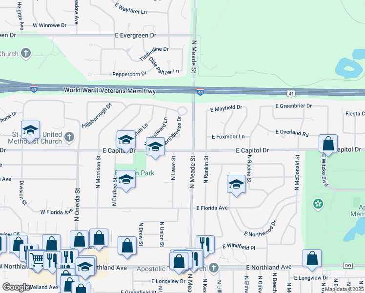 map of restaurants, bars, coffee shops, grocery stores, and more near 708 East Capitol Drive in Appleton