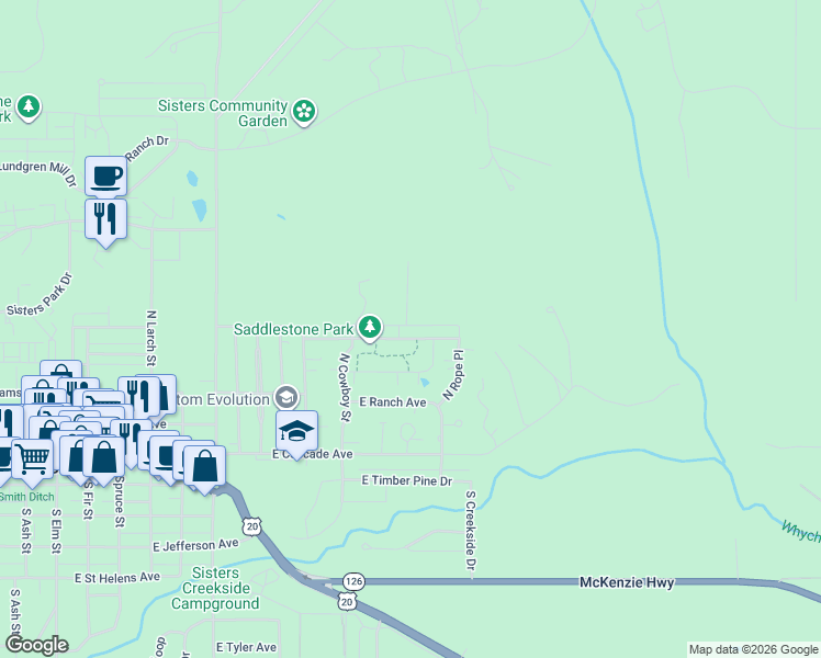 map of restaurants, bars, coffee shops, grocery stores, and more near 1018 East Black Butte Avenue in Sisters