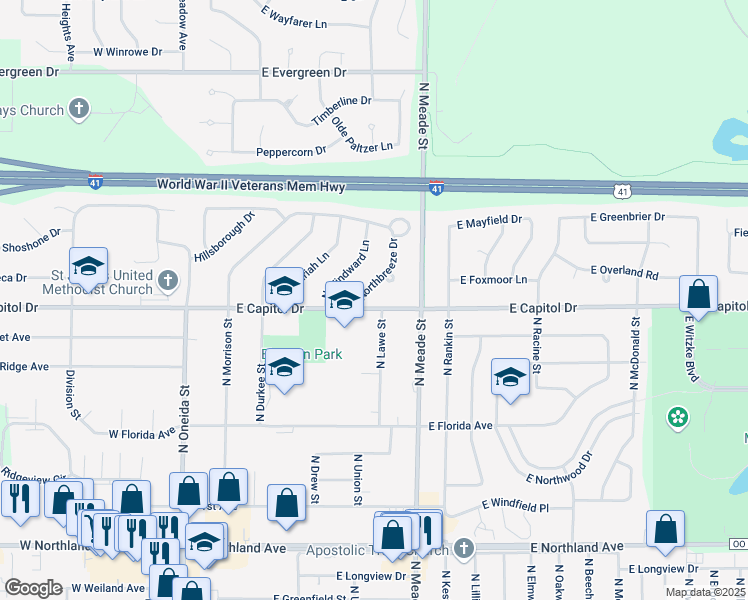 map of restaurants, bars, coffee shops, grocery stores, and more near 616 East Capitol Drive in Appleton