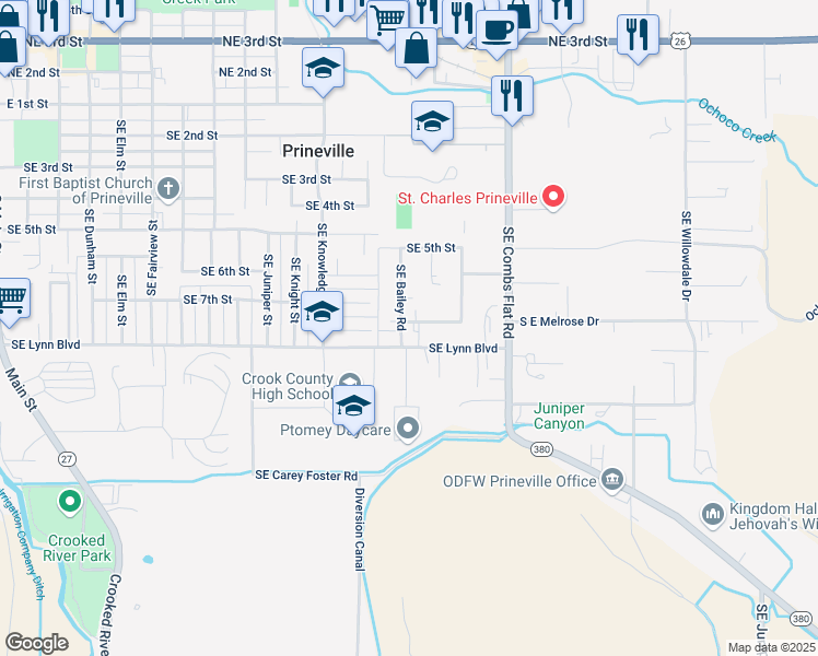 map of restaurants, bars, coffee shops, grocery stores, and more near 1404 Southeast Kramer Lane in Prineville