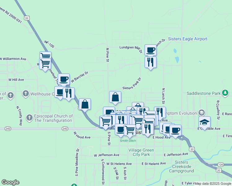 map of restaurants, bars, coffee shops, grocery stores, and more near 287 Sisters Park Drive in Sisters