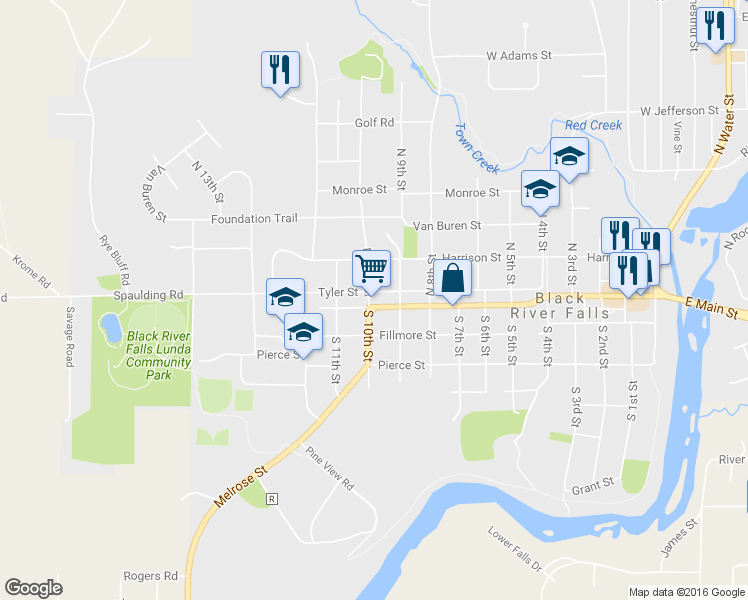 map of restaurants, bars, coffee shops, grocery stores, and more near 923 Main Street in Black River Falls