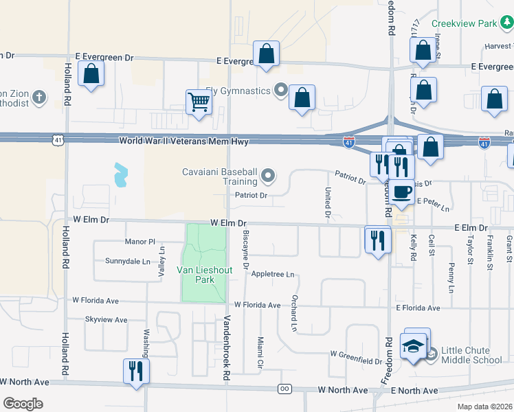 map of restaurants, bars, coffee shops, grocery stores, and more near 505 Patriot Drive in Little Chute