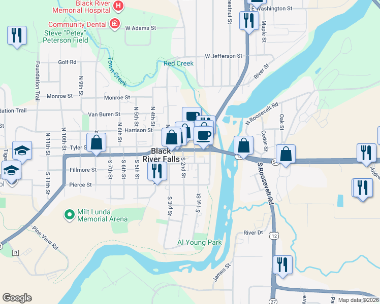map of restaurants, bars, coffee shops, grocery stores, and more near 114 Main Street in Black River Falls