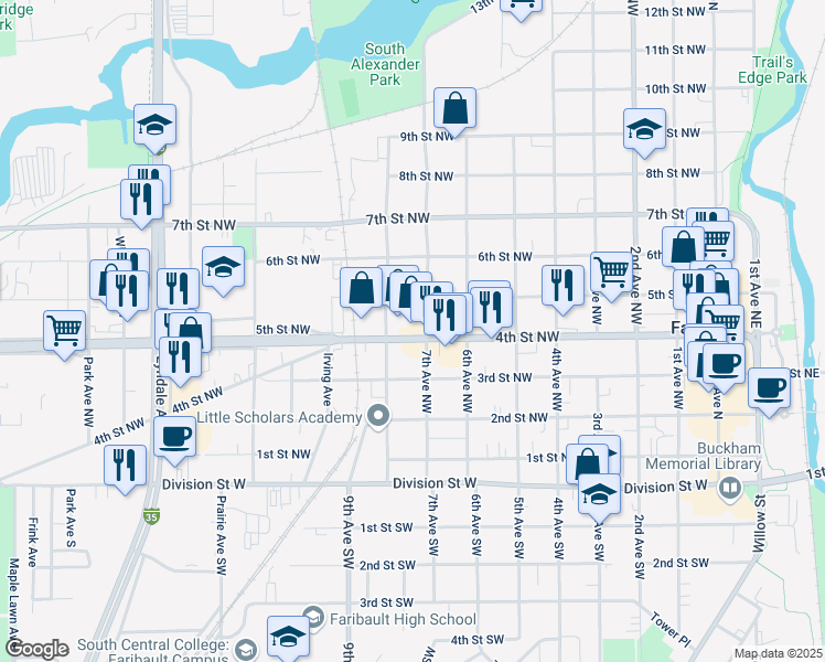 map of restaurants, bars, coffee shops, grocery stores, and more near 720 4th Street Northwest in Faribault