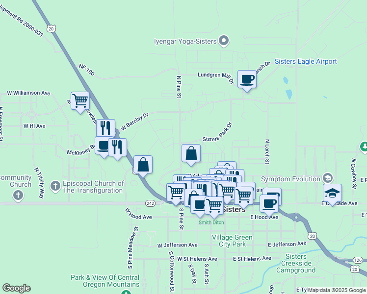 map of restaurants, bars, coffee shops, grocery stores, and more near 377 Sisters Park Drive in Sisters