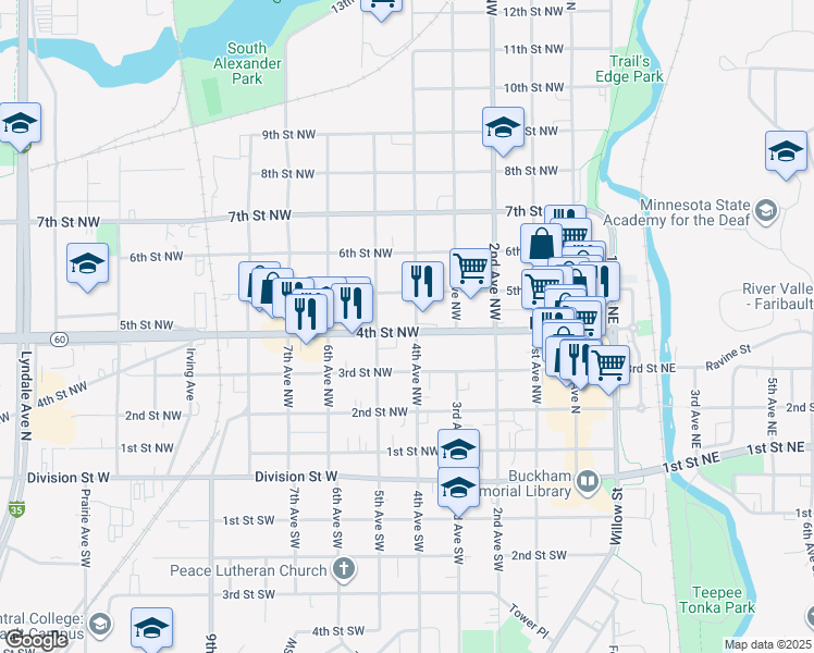 map of restaurants, bars, coffee shops, grocery stores, and more near 328 4th Street Northwest in Faribault