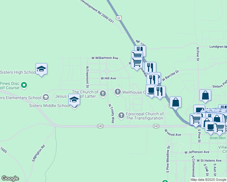 map of restaurants, bars, coffee shops, grocery stores, and more near 1255 McKinney Butte Road in Sisters