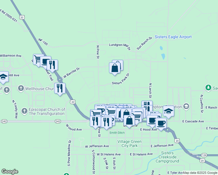 map of restaurants, bars, coffee shops, grocery stores, and more near 287 Sisters Park Drive in Sisters