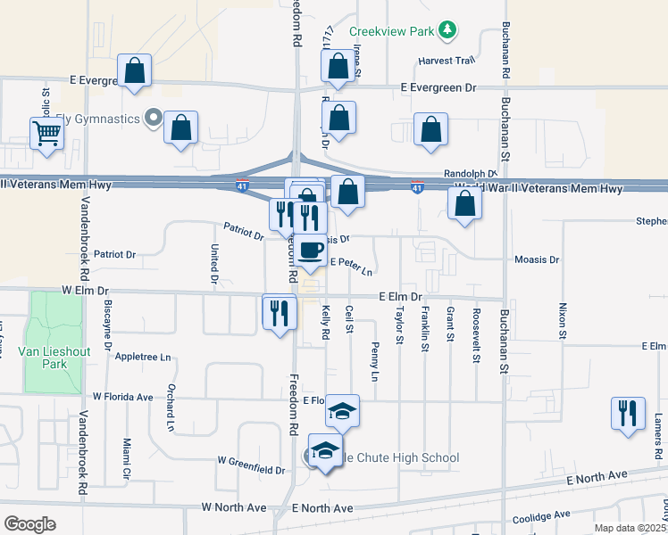 map of restaurants, bars, coffee shops, grocery stores, and more near 403 East Peter Lane in Little Chute