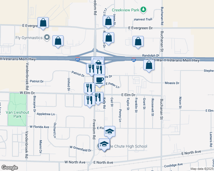 map of restaurants, bars, coffee shops, grocery stores, and more near 403 East Peter Lane in Little Chute