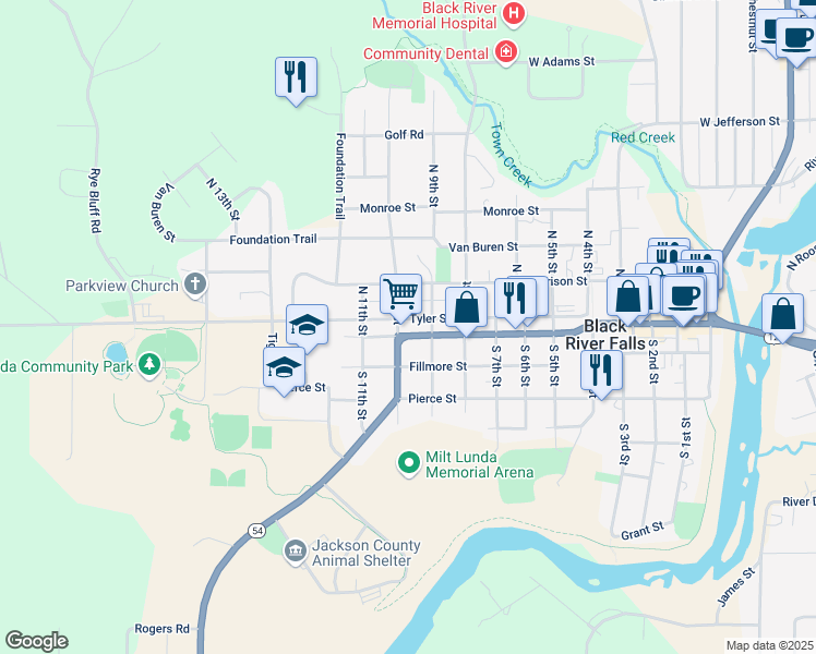 map of restaurants, bars, coffee shops, grocery stores, and more near 923 Main Street in Black River Falls
