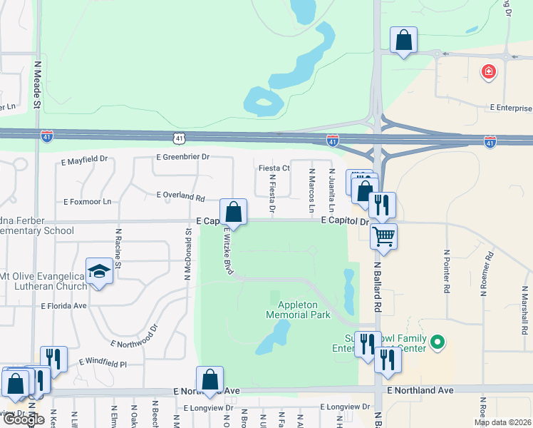 map of restaurants, bars, coffee shops, grocery stores, and more near 3401 North Fiesta Drive in Appleton