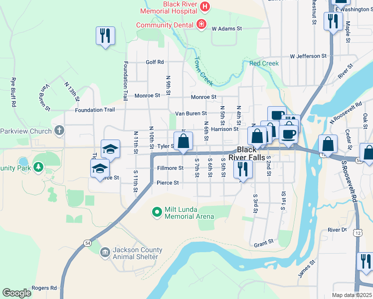 map of restaurants, bars, coffee shops, grocery stores, and more near 719 Main Street in Black River Falls