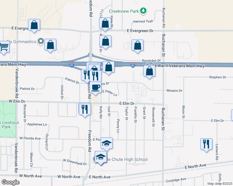 map of restaurants, bars, coffee shops, grocery stores, and more near 520 E Peter Ln in Little Chute