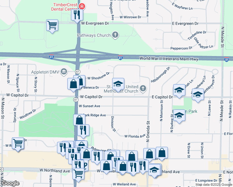 map of restaurants, bars, coffee shops, grocery stores, and more near 350 West Capitol Drive in Appleton