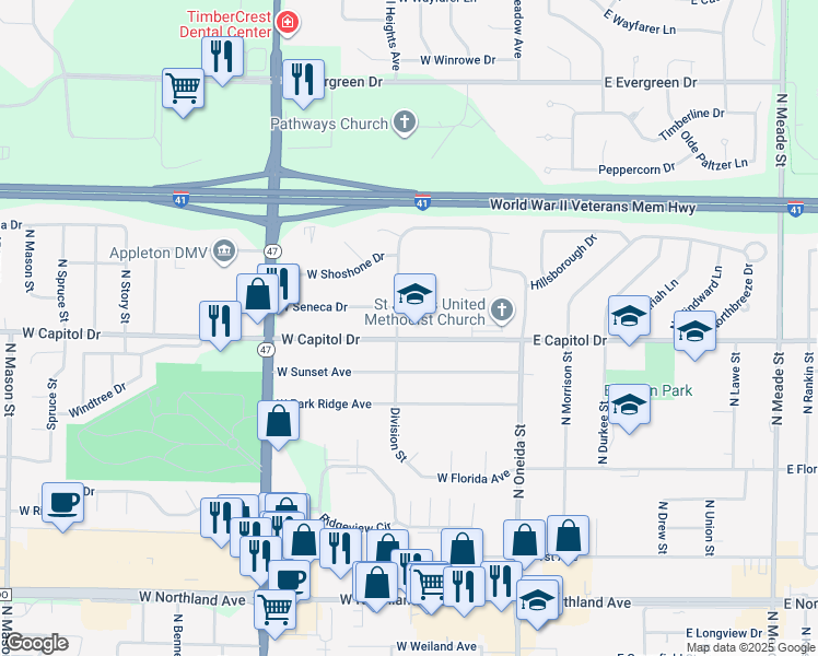 map of restaurants, bars, coffee shops, grocery stores, and more near 350 West Capitol Drive in Appleton