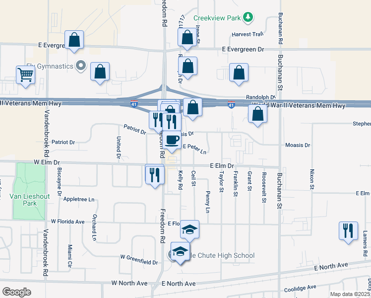 map of restaurants, bars, coffee shops, grocery stores, and more near 403 East Peter Lane in Little Chute