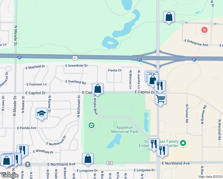 map of restaurants, bars, coffee shops, grocery stores, and more near 3401 North Fiesta Drive in Appleton