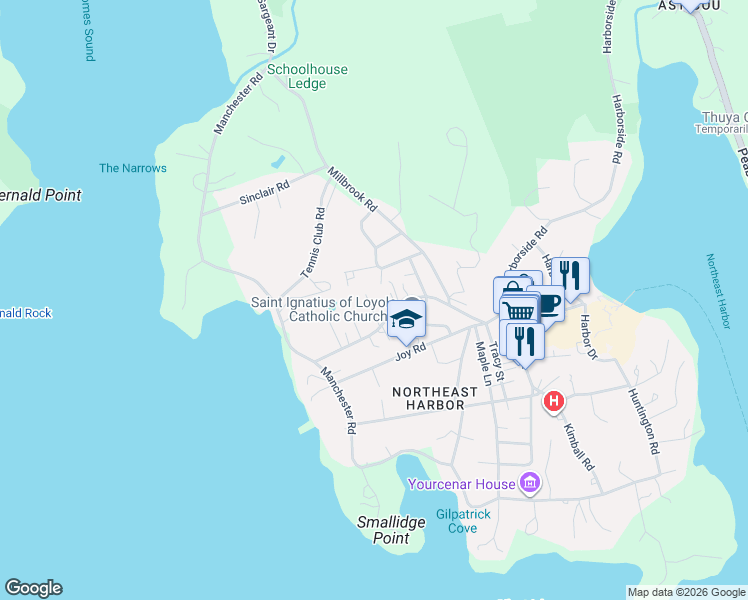 map of restaurants, bars, coffee shops, grocery stores, and more near 7 Nursery Lane in Mount Desert
