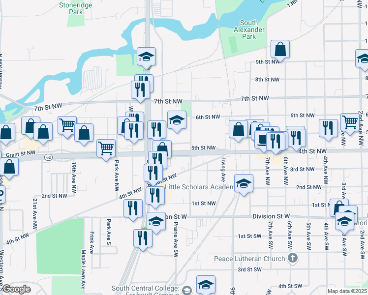 map of restaurants, bars, coffee shops, grocery stores, and more near 448 Lincoln Avenue Northwest in Faribault