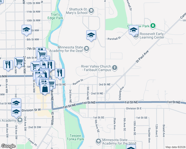 map of restaurants, bars, coffee shops, grocery stores, and more near 410 6th Avenue Northeast in Faribault