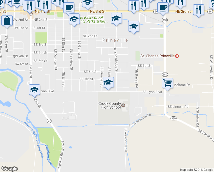 map of restaurants, bars, coffee shops, grocery stores, and more near 777 Southeast Knight Street in Prineville