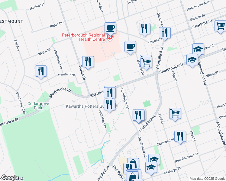 map of restaurants, bars, coffee shops, grocery stores, and more near 865 Sherbrooke Street in Peterborough