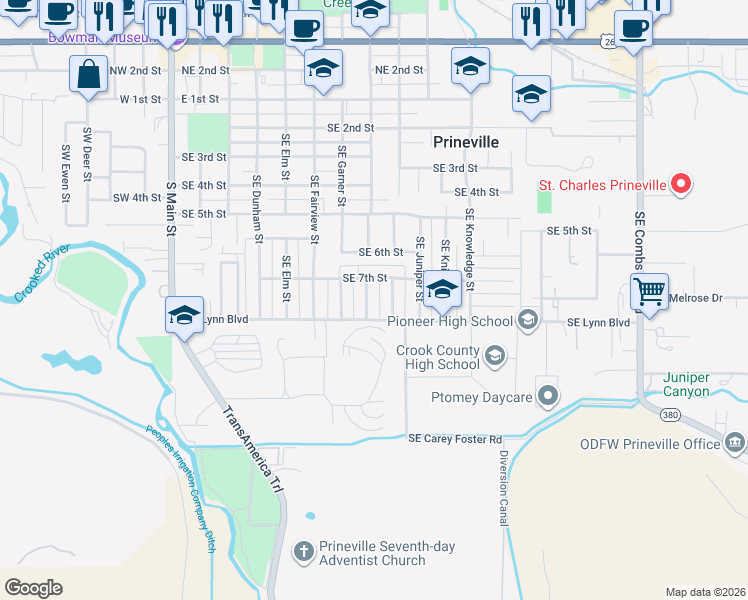 map of restaurants, bars, coffee shops, grocery stores, and more near 760 Southeast Holly Street in Prineville