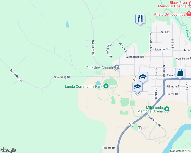 map of restaurants, bars, coffee shops, grocery stores, and more near Spaulding Road in Black River Falls