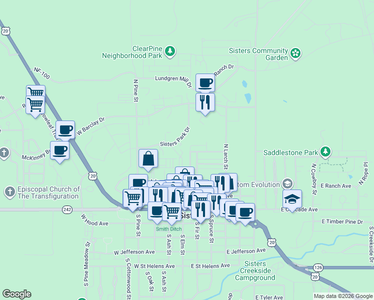 map of restaurants, bars, coffee shops, grocery stores, and more near 481 North Songbird Street in Sisters