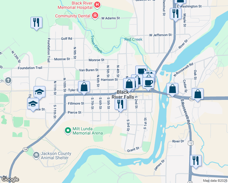 map of restaurants, bars, coffee shops, grocery stores, and more near 407 Main Street in Black River Falls