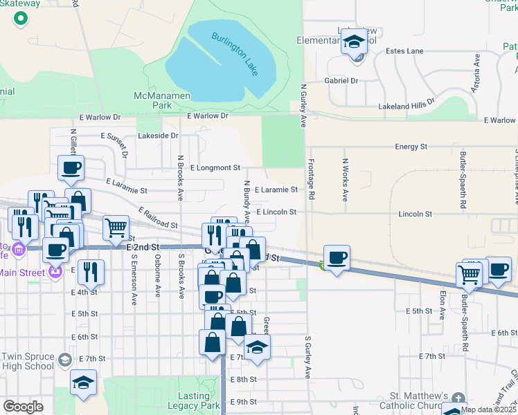 map of restaurants, bars, coffee shops, grocery stores, and more near 815 East Lincoln Street in Gillette