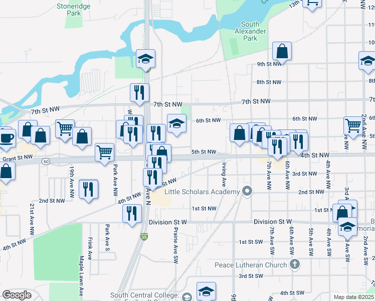 map of restaurants, bars, coffee shops, grocery stores, and more near 448 Lincoln Avenue Northwest in Faribault