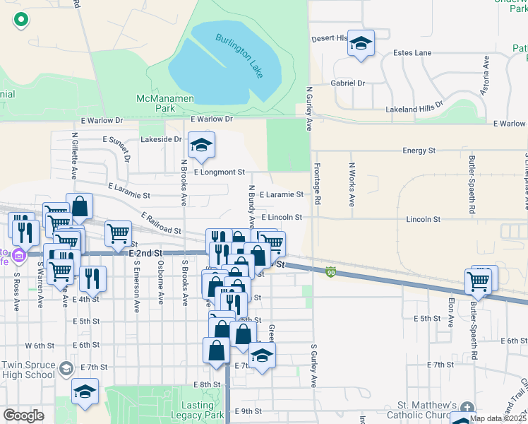 map of restaurants, bars, coffee shops, grocery stores, and more near 815 East Lincoln Street in Gillette